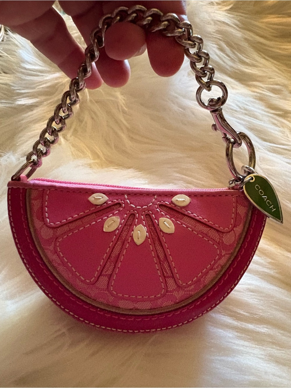 RARE Y2K COACH PINK LEATHER AND PINK ICONIC C JACQUARD PINK GRAPEFRUIT WRISTLET - Picture 2 of 11